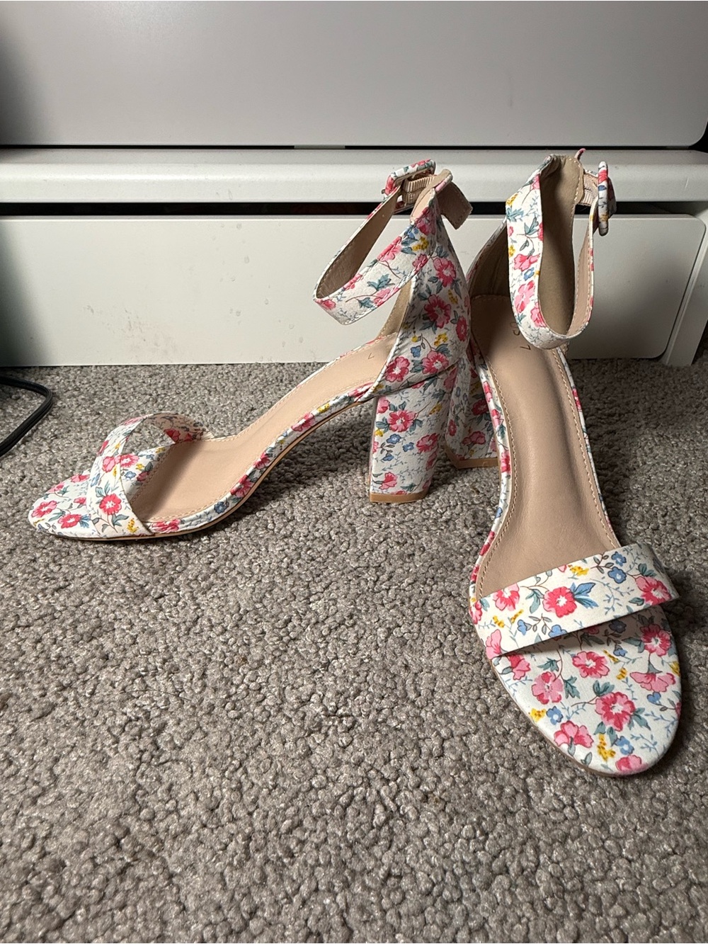 Allegra K Floral Ankle-Strap Block Heels - White Multi